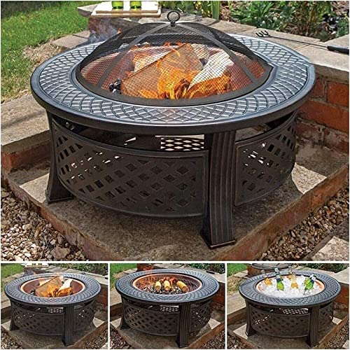 Garden Fire Pit Portable Grill Barbecue Rack Outdoor Patio Steel BBQ Grill Fire Pit Bowl w/Spark Screen Cover, Log Grate, Poker for Backyard, Camping, Garden for Camping Backyard