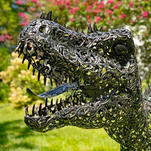 Zaer Ltd. 5.6 ft. Tall Crouching Tyrannosaurus Rex Outdoor Metal Statue "T-Bone" Metallic
