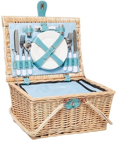 ZYBB Picnic Basket Wicker with Cutlery Insulation Bag Foldable Handles for 4 People 42x32x22cm(Color:Natural+Blue)
