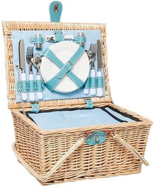 ZYBB Picnic Basket Wicker with Cutlery Insulation Bag Foldable Handles for 4 People 42x32x22cm(Color:Natural+Blue)