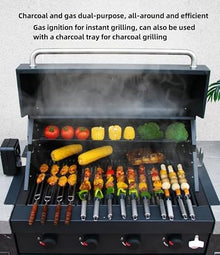 4-Burner Gas & Charcoal Combo Built-in BBQ Grill – Outdoor Tabletop Barbecue with Thermometer, Cast Iron Grates, Pull-Out Grease Tray – for Patio, Garden, or Backyard Use