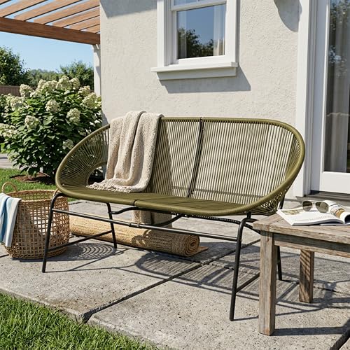 Seeheool CONDESSA Outdoor Patio Wicker Love SEAT, Green PE Rattan & Iron Frame, Set of 1