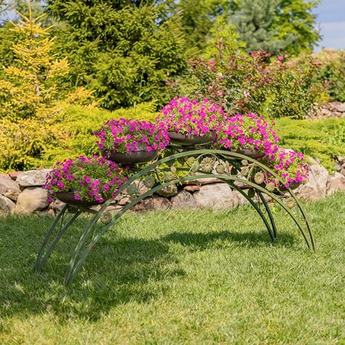 Zaer Ltd. 6.6ft. Long Bridge-Like Iron Plant Stand with Five Planters Stockholm (Antique Green)