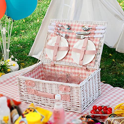Storage Basket,Picnic Wicker Hamper for 2/4 Person Cutlery Set Insulated Flatware Outdoor Portable Woven with Lid Premium