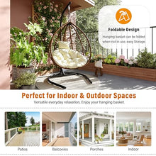 GDFStudio Hammock Chair with Stand, Rattan Wicker Hanging Egg Chair with Cushion and Headrest, Iron Frame Hammock Swing Chair for Indoor Outdoor Patio Balcony Porch Garden, 330lbs, Brown+Beige