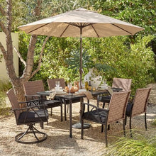 Andehomy 7-Piece Patio Dining Set for 6, Outdoor Dining Set with Wicker Swivel Patio Dining Chairs with Cushions & Black Rectangular Woodgrain Dining Table with 1.75”Umbrella Hole, Black & Brown