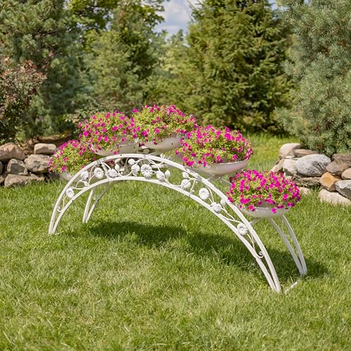 Zaer Ltd. 6.6ft. Long Bridge-Like Iron Plant Stand with Five Planters Stockholm (Antique White)