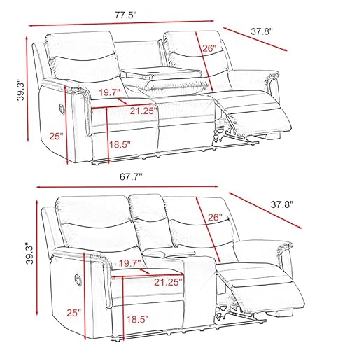 Eafurn Grey 2-Piece Reclining Sectional Sofa Set with Storage & Cup Holders