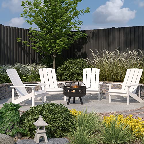 Merrick Lane Ayala Adirondack Chairs & Fire Pit - 4 Pack White Poly Resin Chairs with Black Star and Moon Fire Pit