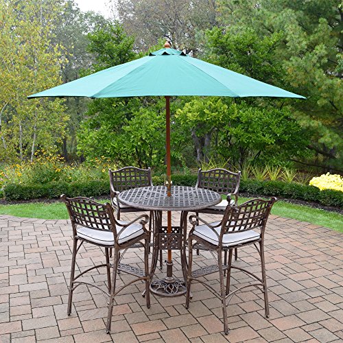 Oakland Living Elite Bar Set with Table, 4 Cushioned Bar Stools, Wooden Umbrella, Cast Metal Stand Antique Bronze
