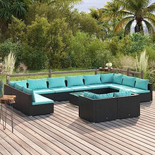 KGTKGTYER 13 Piece Patio Lounge Set with Cushions, Modular Outdoor Furniture Sofa, Black PE Rattan Garden Seating Group with Blue Pillows