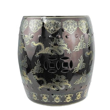 LINKIO Garden Stool Dragon Carved Ceramic Garden Stool, Dark Coffee Glaze, Decorative Bathroom Bench Ottomans(B)