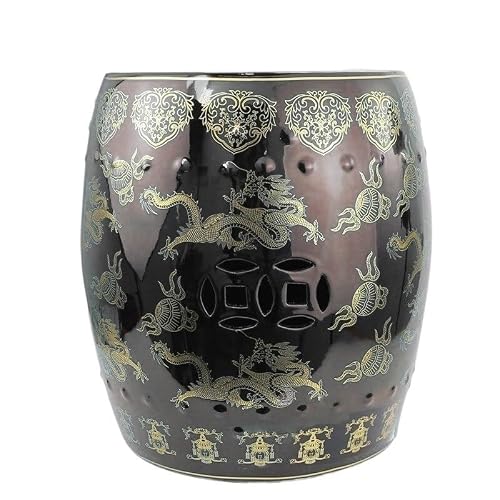 LINKIO Garden Stool Dragon Carved Ceramic Garden Stool, Dark Coffee Glaze, Decorative Bathroom Bench Ottomans(B)