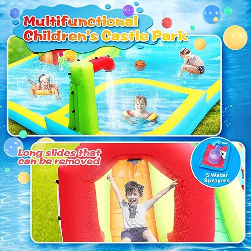 WELLFUNTIME Inflatable Water Slide Park with Splash Pool, Climbing Wall, Sport Balls, Water Guns, and Air Blower