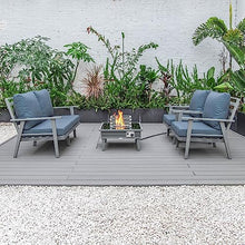 LeisureMod Walbrooke Modern Aluminum 5-Piece Patio Conversation Set with Fire Pit Table Navy Blue