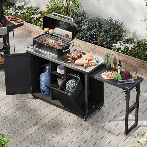 Merax 78.3" Outdoor Kitchen Island with Foldable Grill Table, Wooden Outdoor Grill Cart with Trash Can Storage & Stainless Steel Top, Outdoor Bar Cart, Pizza Oven Table for Lawn & Garden, Black