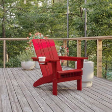 BizChair Adirondack Chairs Set of 4 with Cup Holders, Weather Resistant Poly Resin Red
