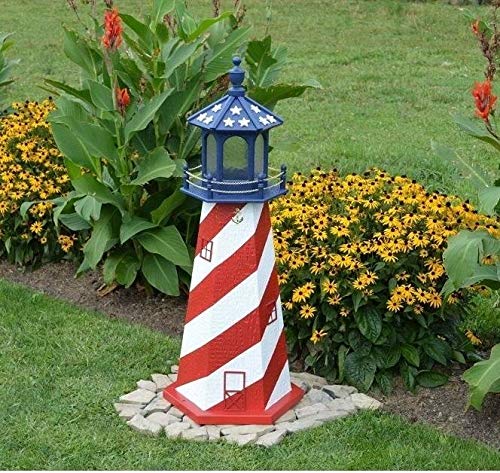 Backyard Crafts Amish-Made Patriotic Lighthouse with Solar-Powered LED Lighting, 39" Tall