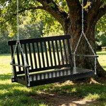 Seeheool Black 2-Seater Hanging Porch Swing Outdoor Patio Swing Chair Seat with Slatted Build and Chains, 440lbs Weight Capacity