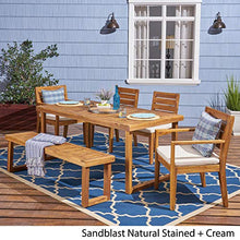 Great Deal Furniture GDFStudio Outdoor 6-Seater Acacia Wood Dining Set Sandblast Natural Stained + Cream
