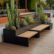 Bench with Planter Box, Outdoor Flower Box Sitting Bench Set Commercial Street Patio Leisure Table and Chair Planter Set DIY Assembled Metal Park Resting Bench Outdoor Seating Garden Bench(L150xD70xH6