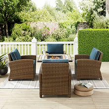 Crosley Furniture Bradenton 5-Piece Wicker Outdoor Patio Set with Propane Fire Pit, Brown with Navy Cushions