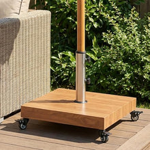 Square Outdoor Umbrella Base with Wheels.Concrete-Filled Iron Design with Wood Grain Finish & Adjustable Stainless Steel Post.Stable Support for Patio,Garden & Poolside.32mm-48mm Pole Compatibility