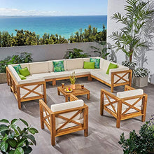 Great Deal Furniture GDFStudio Outdoor 11 Seater Acacia Wood Sectional Sofa and Club Chair Set, Teak Finish and Beige