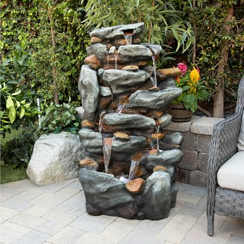 Alpine Corporation TZL130 Outdoor Floor 8-Tiered Rock Waterfall Fountain with LED Lights and Natural Stone Look, 50", Gray