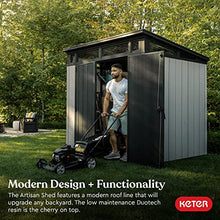 Keter Artisan 7 x 7 Foot Large Modern Design Outdoor Shed with Floor for Outdoor Furniture, Lawn Equipment, Bikes, and Gardening Tools, Gray