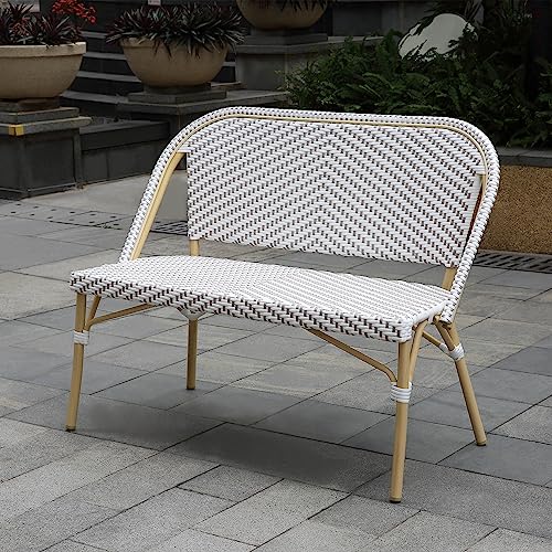 24/7 Shop at Home Cato Modern 2-Seater Aluminum and All-Weather Wicker Outdoor Loveseat for Backyard, Patio, Garden, Deck, Porch, Gray and Natural Brown