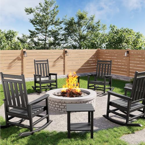 HDPE Rocking Chair Outdoor Set of 4 with 2 Side Table, High Back Rocker