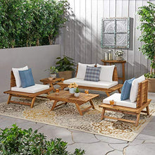 GDFStudio Outdoor Acacia Wood 4 Seater Chair Set with Side Table and Coffee Table, and White