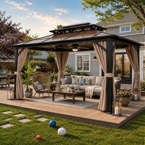 YOLENY 10'x13' Hardtop Gazebo, Outdoor Polycarbonate Double Roof Canopy, Aluminum Frame Permanent Pavilion with Curtains and Netting, Sunshade for Garden, Lawns, Patio