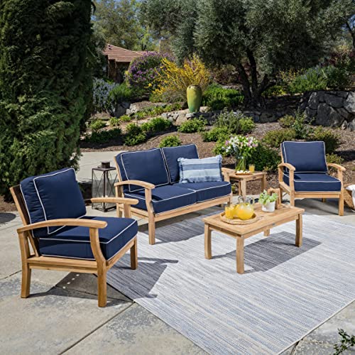 Tortuga Outdoor Jakarta Teak 5-Piece Outdoor Furniture Set with Navy Cushions Brown