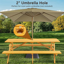 GFDGFD 75" Wooden Picnic Table with Built-in Benches for 8 People, Outdoor Patio Dining Table with Umbrella Hole, Heavy Duty Backyard Garden BBQ Table, Brown