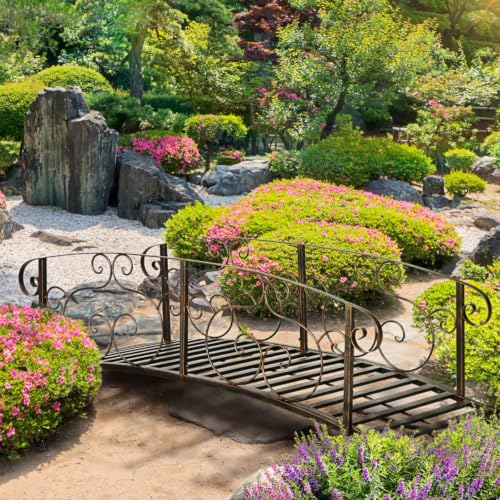 Hassyee Sturdy Garden Bridge with Ornate Vine-Pattern Rails & Secure Handrails for Creek Crossings, Durable Arc Footbridge with Weather-Shield Coating and Non-Slip Surface for Pathway Accents