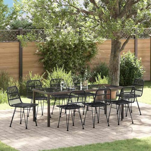 LKJVFCPW 9 Piece Outdoor Dining Set, Black Powder-Coated Steel Patio Table and 8 Chairs, Weather-Resistant Garden Furniture for Backyard Deck Entertainment