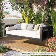 Patio Twin Size Garden Swing Bed Wood Porch Swing Loveseat Chair with Ropes for Backyard, Safe Sloped Design