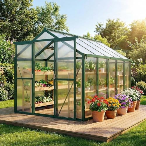6x8 FT Greenhouse, Greenhouses for Outside, Polycarbonate Greenhouse with Aluminum Frame, Lockable Door and Ajustable Roof Vent for Backyard, Green Houses for Outside Garden Backyard, Patio