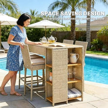 XITPEYEZY Outdoor Wicker Bar Table and 4 Stools Set with Acacia Wood Top