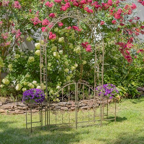 8 Feet Tall Garden Gate Archway with 2 Side Plant Stands Genevieve (Antique Bronze)