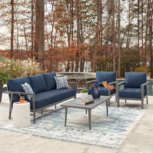Signature Design by Ashley Gali Casual Nuvella Weather Resistant Fabric Outdoor Sofa/Chairs/Table Set with Cushion and Throw Pillows, Set of 4, Blue & Light Gray