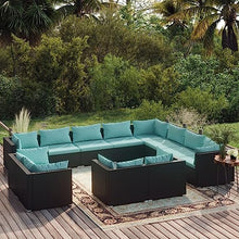 Molumvel 12-Piece Modular Outdoor Garden Lounge Set, Black Poly Rattan Patio Furniture with Water Blue Cushions, Seating for 12, Weather-Resistant Backyard Seating