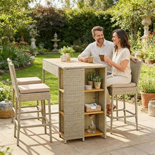 XITPEYEZY Outdoor Wicker Bar Table and 4 Stools Set with Acacia Wood Top