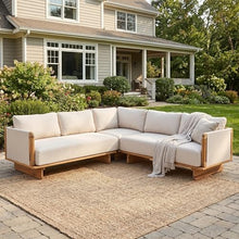 Merax 3 Piece Patio Outdoor Furniture Set, All-Weather V-Shaped Sectional Sofa with Cushions, Acacia Wood 5-Seater Couch Set for Porch, Lawn, Backyard, Balcony, Light Teak+ Beige