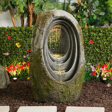 Alpine Corporation WIN1702 32" H, 4-Tier Rainforest Fountain with LED Lights, Oval Shaped – Outdoor Waterfall Feature for Garden & Patio Décor, Brown