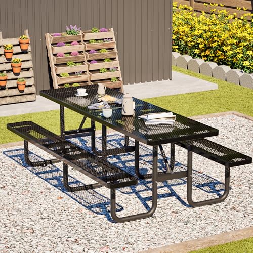 KEIKI 96" Outdoor Metal Picnic Table for 10, Heavy Duty Patio Dining Table with Umbrella Hole, Galvanized Steel Frame for Backyard, Garden, Camping (Black)