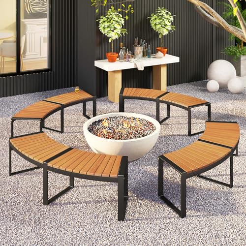 Moccha Outdoor Curved Bench, Acacia Wood Fire Pit Bench w/Slatted Seat, Metal Frame, Loveseat, Outside Chair, Patio Backless 2-Person Seating for Yard Deck Porch 800 LBS Max Load, Oil Painted (4)