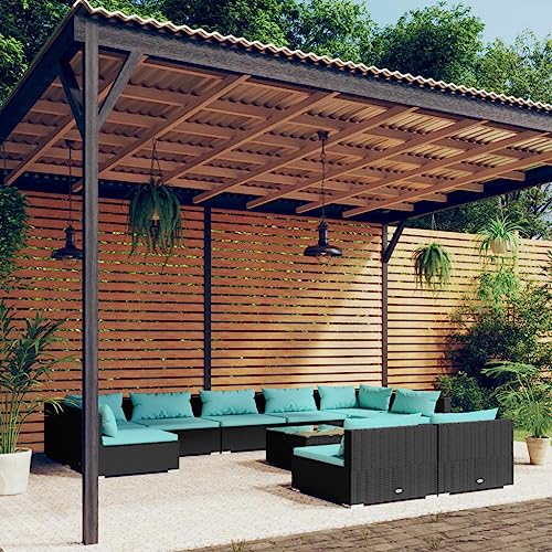 Ensemble de Salon de Jardin 10 Pièces Noir, Canne Synthétique Résistante aux Intempéries, Configuration Modulaire pour Terrasse Balcon Patio, Confortable avec Coussins Amovibles, Pour 9 Personnes